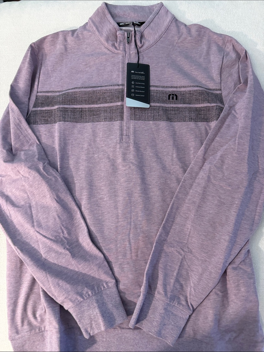 NWT TravisMathew Lavender Heather Quarter-Zip Pullover with Chest Stripe